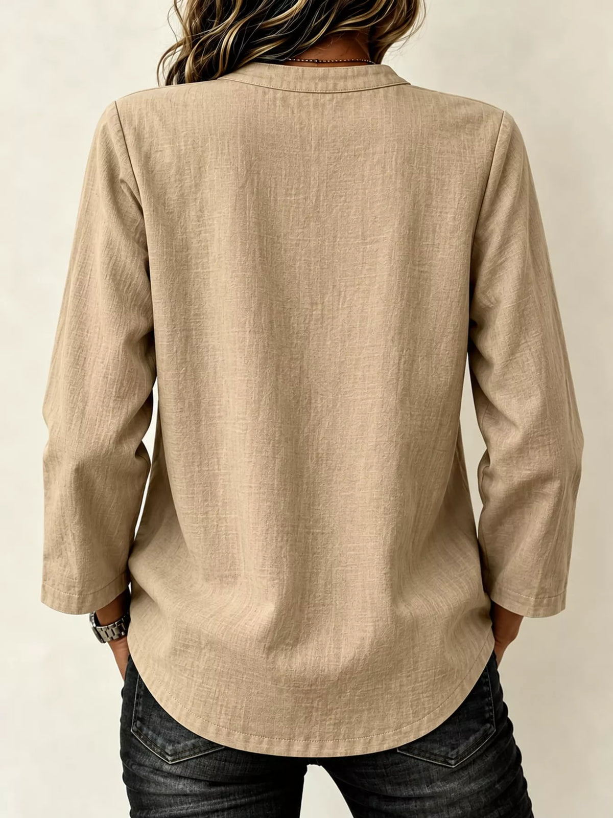 Chinese Style Mandarin Collar Blouse in khaki, back view
