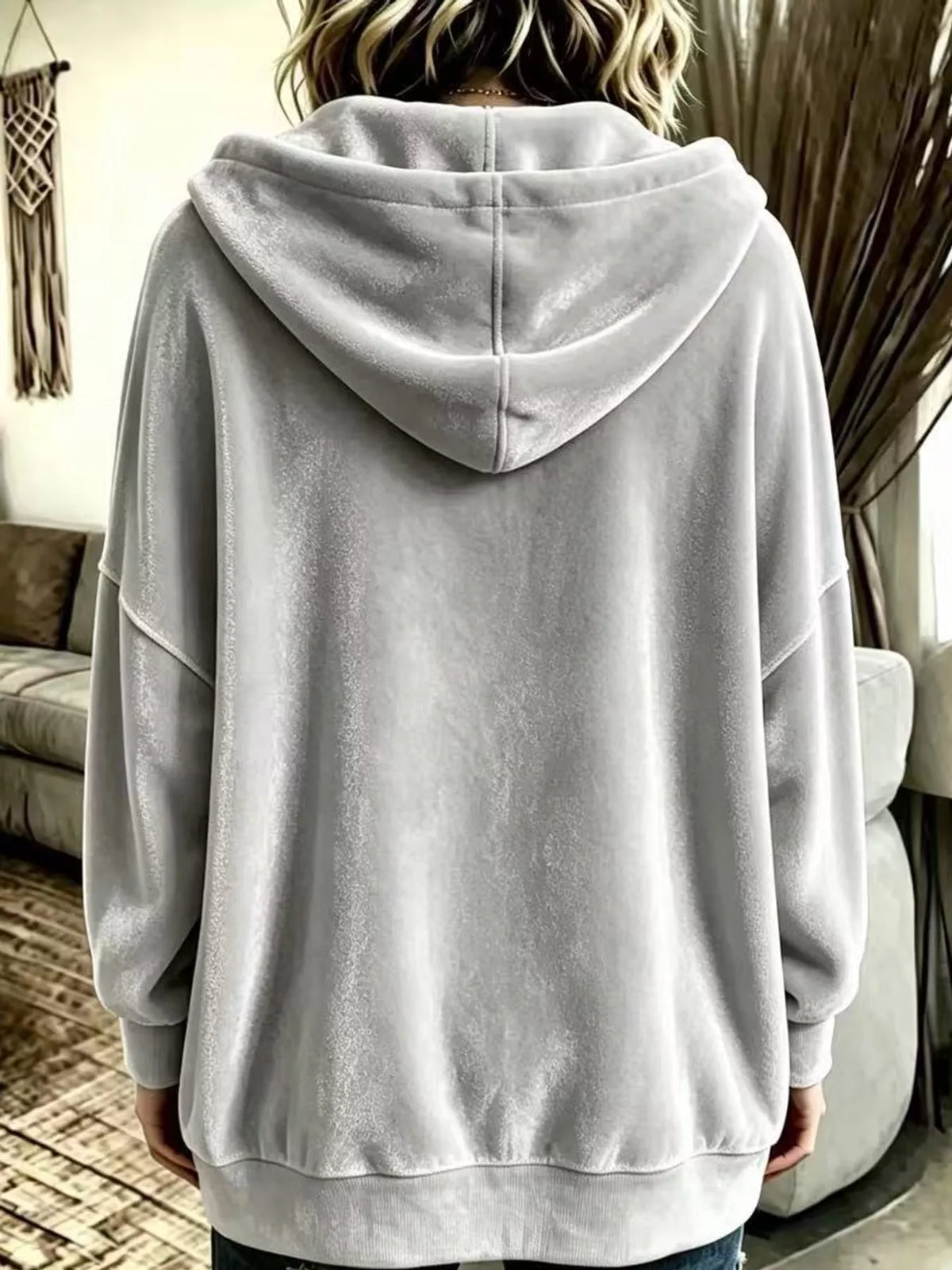 Gray velvet dropped shoulder hoodie, back view