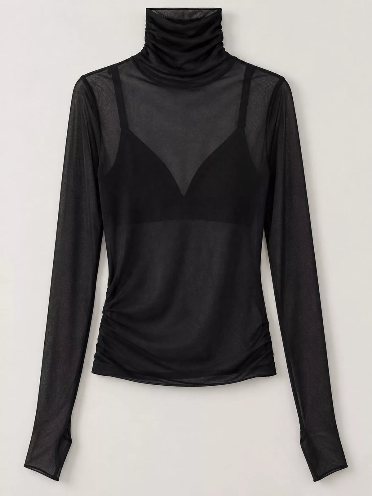 Black sheer turtleneck mesh t-shirt
