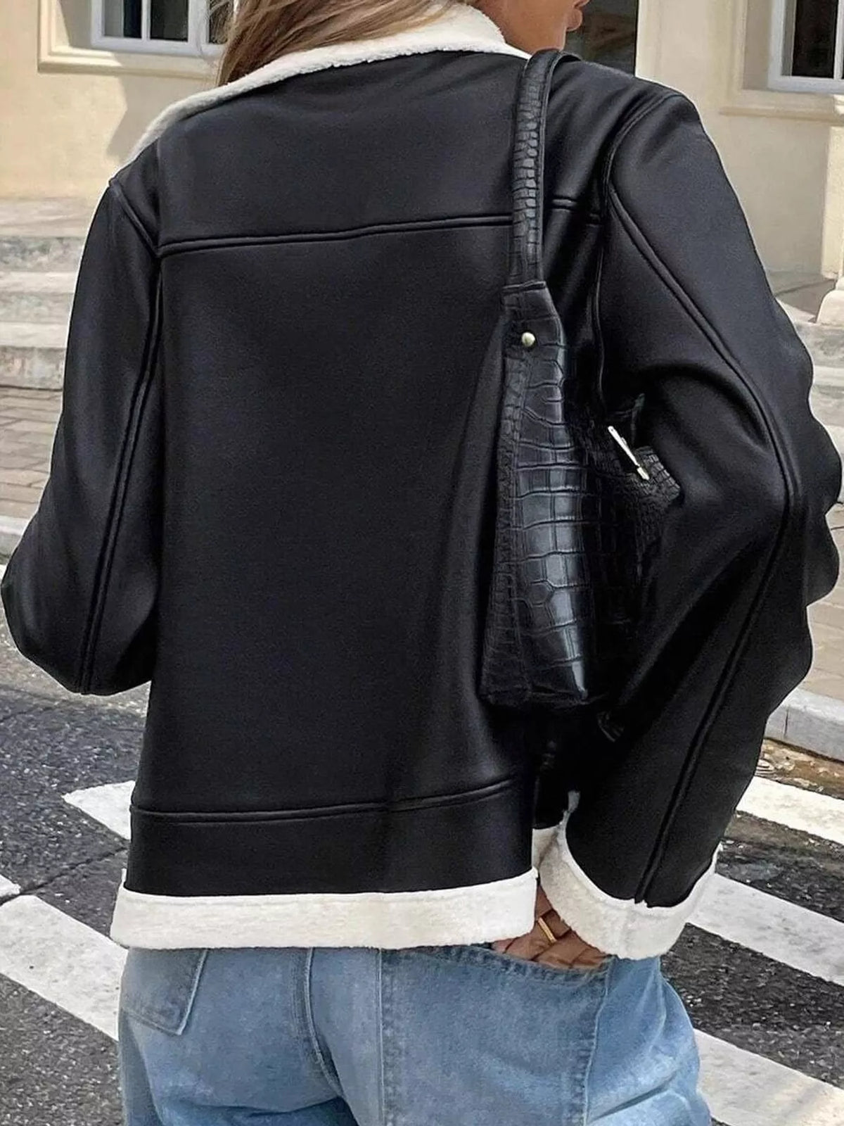 Faux Leather Shearling Trim Zip-Up Jacket — back view