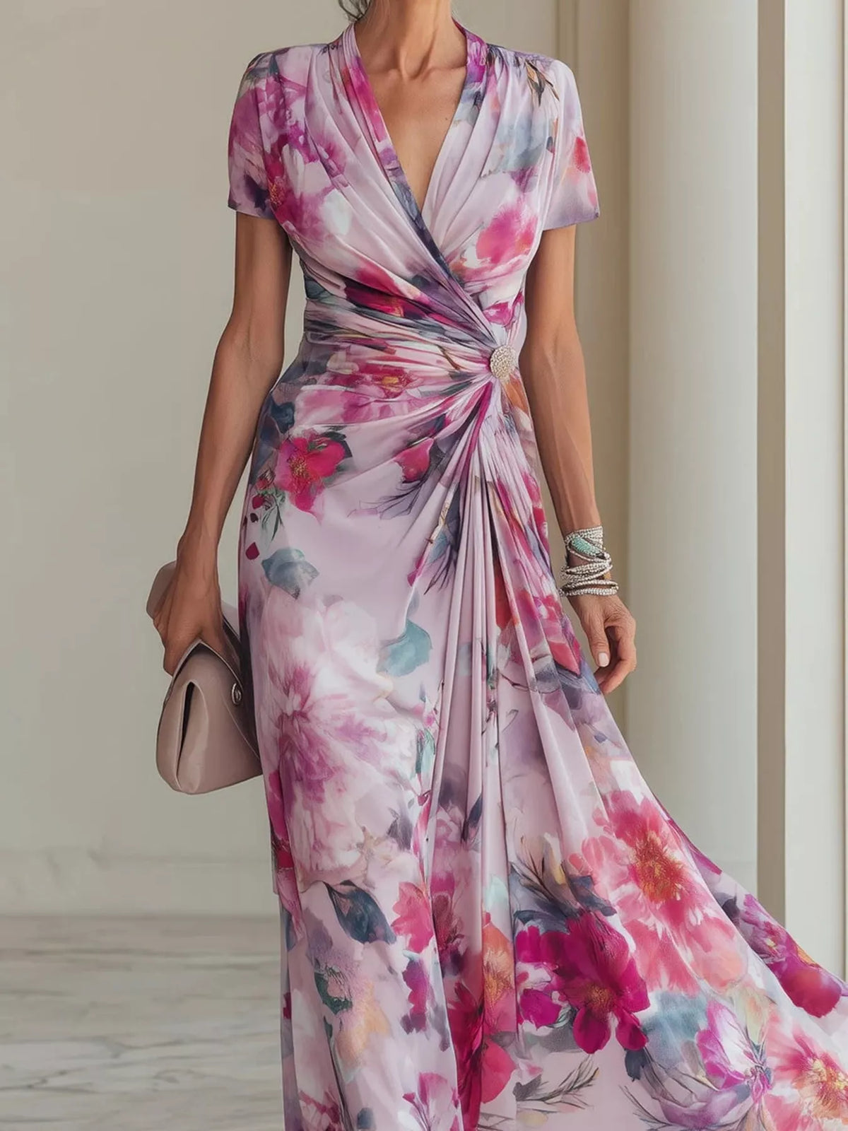 Floral print ruched short sleeve maxi dress