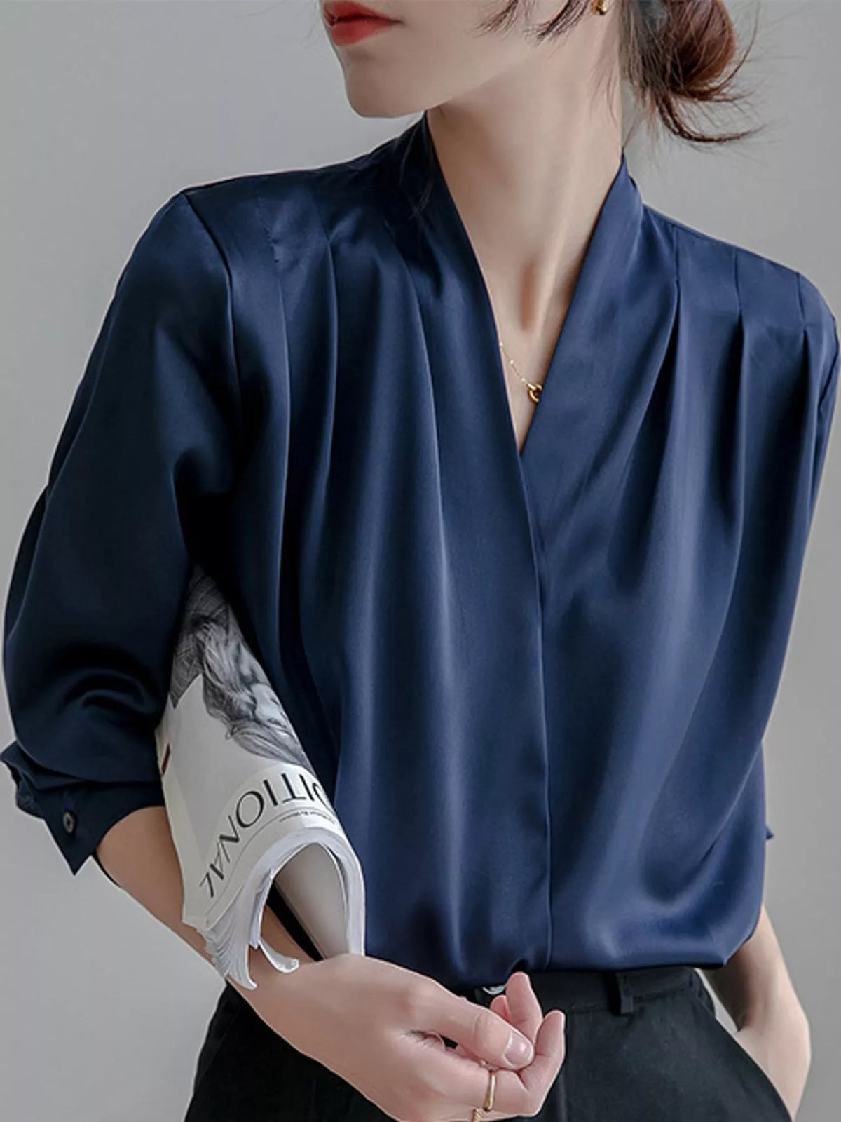 Women's V-Neck Pleated Shoulder Satin Blouse in navy — front view