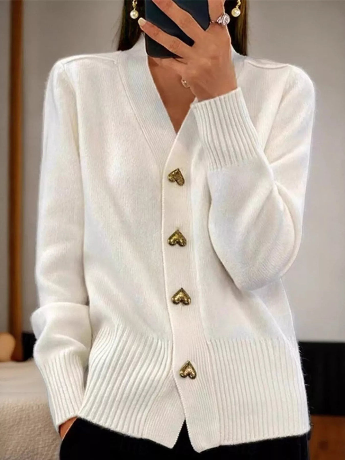 Women's V-Neck Cardigan with Gold Heart-Shaped Buttons in white — front view
