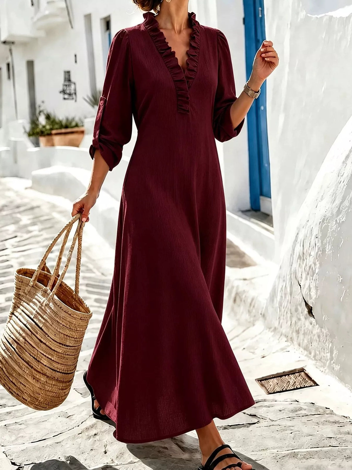 Burgundy V-neck maxi dress, front outdoor view