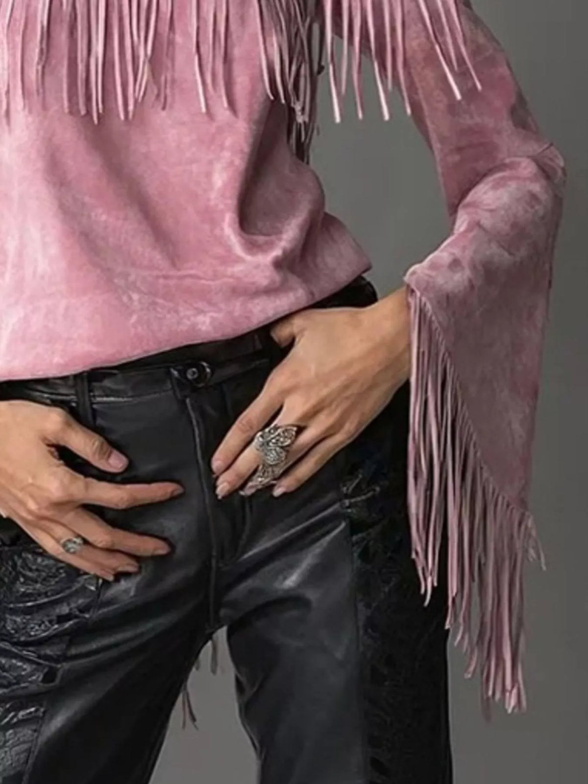 Off-shoulder faux suede fringe top in pink, cuff fringe detail