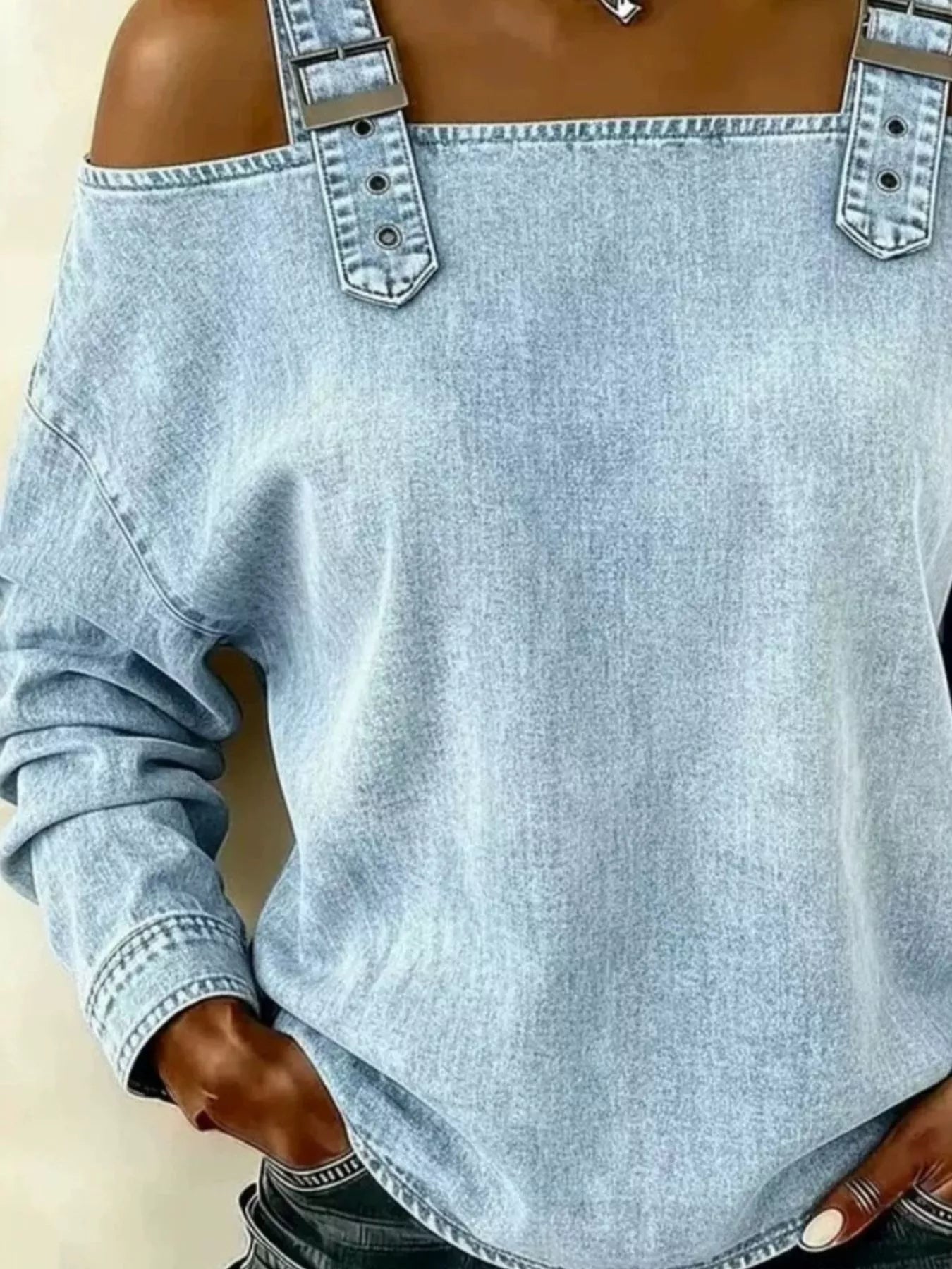 Trendsi Full Size Buckle Strap Long Sleeve Denim Top Plus Size -