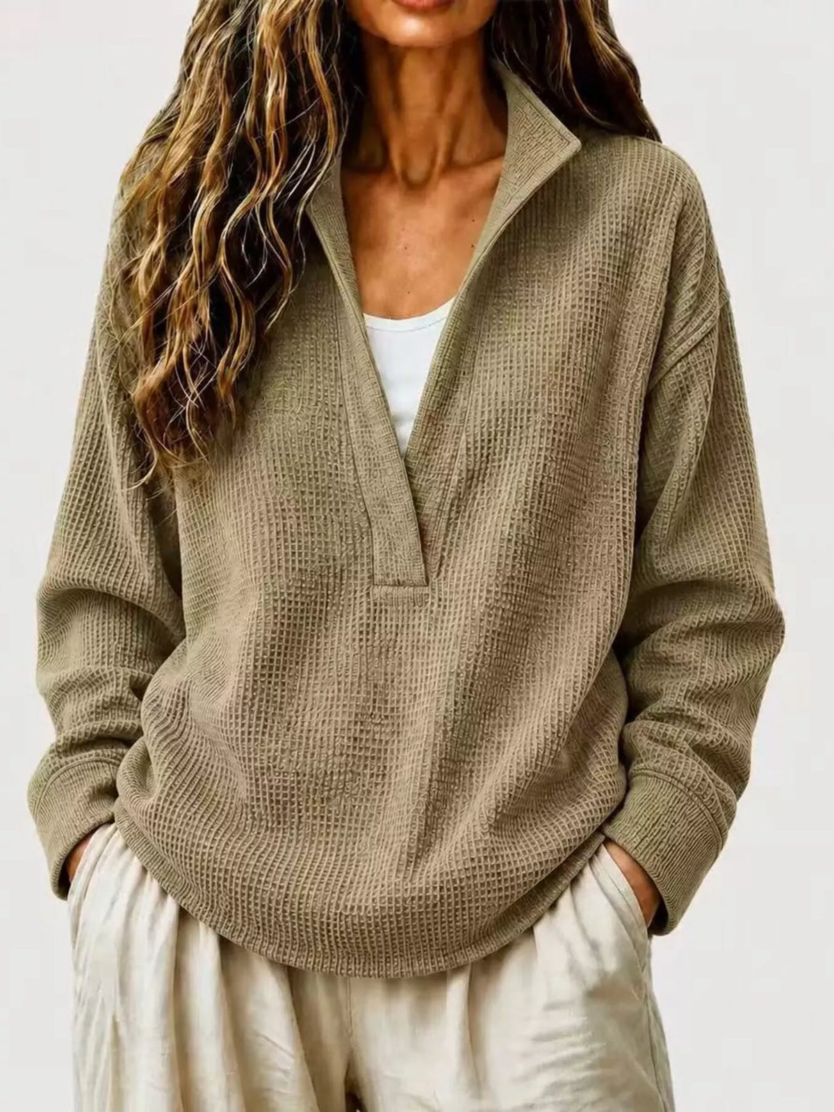 Taupe Waffle Knit Dropped Shoulder Sweatshirt front view