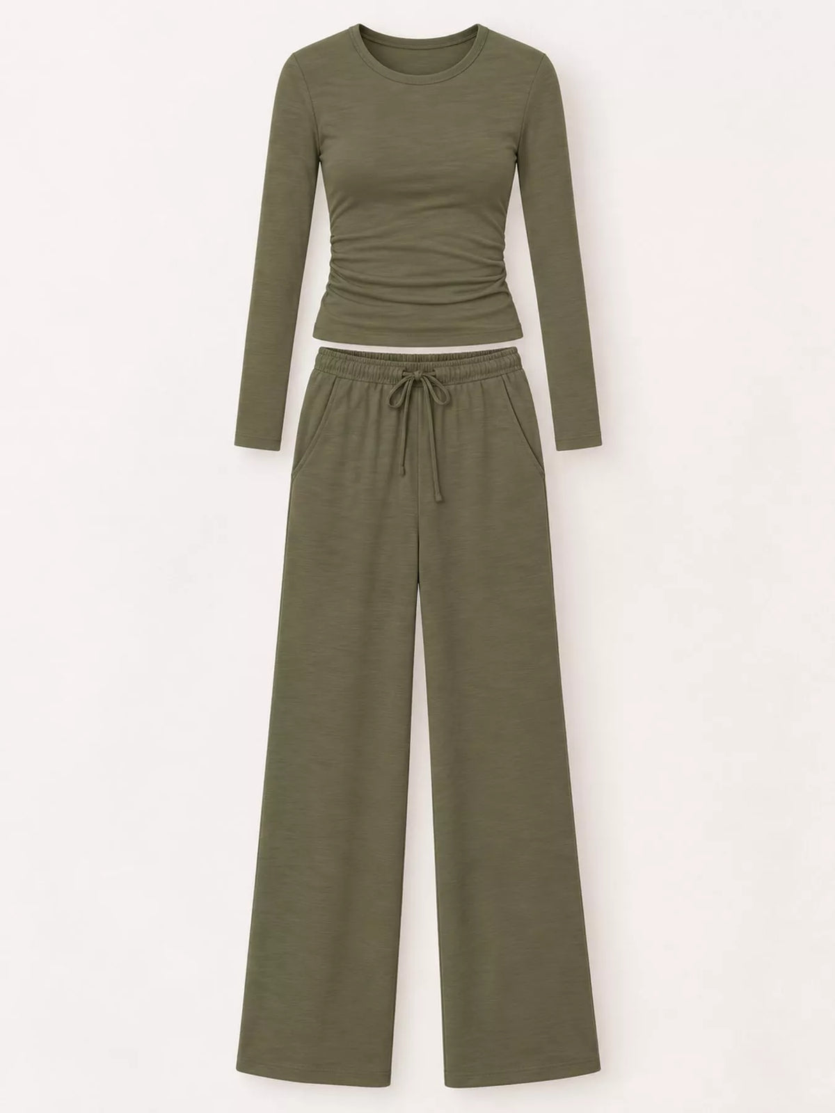 Long Sleeve Top and Wide-Leg Drawstring Pants Set — garment front