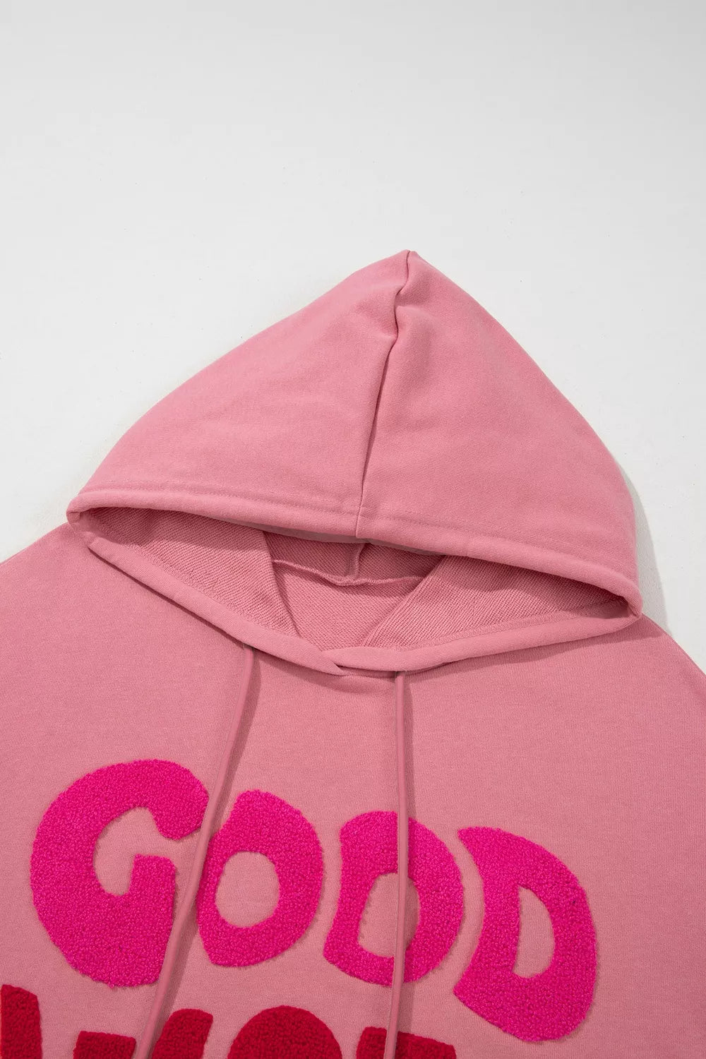 GOOD VIBES Chenille Letter Graphic Hoodie — construction details