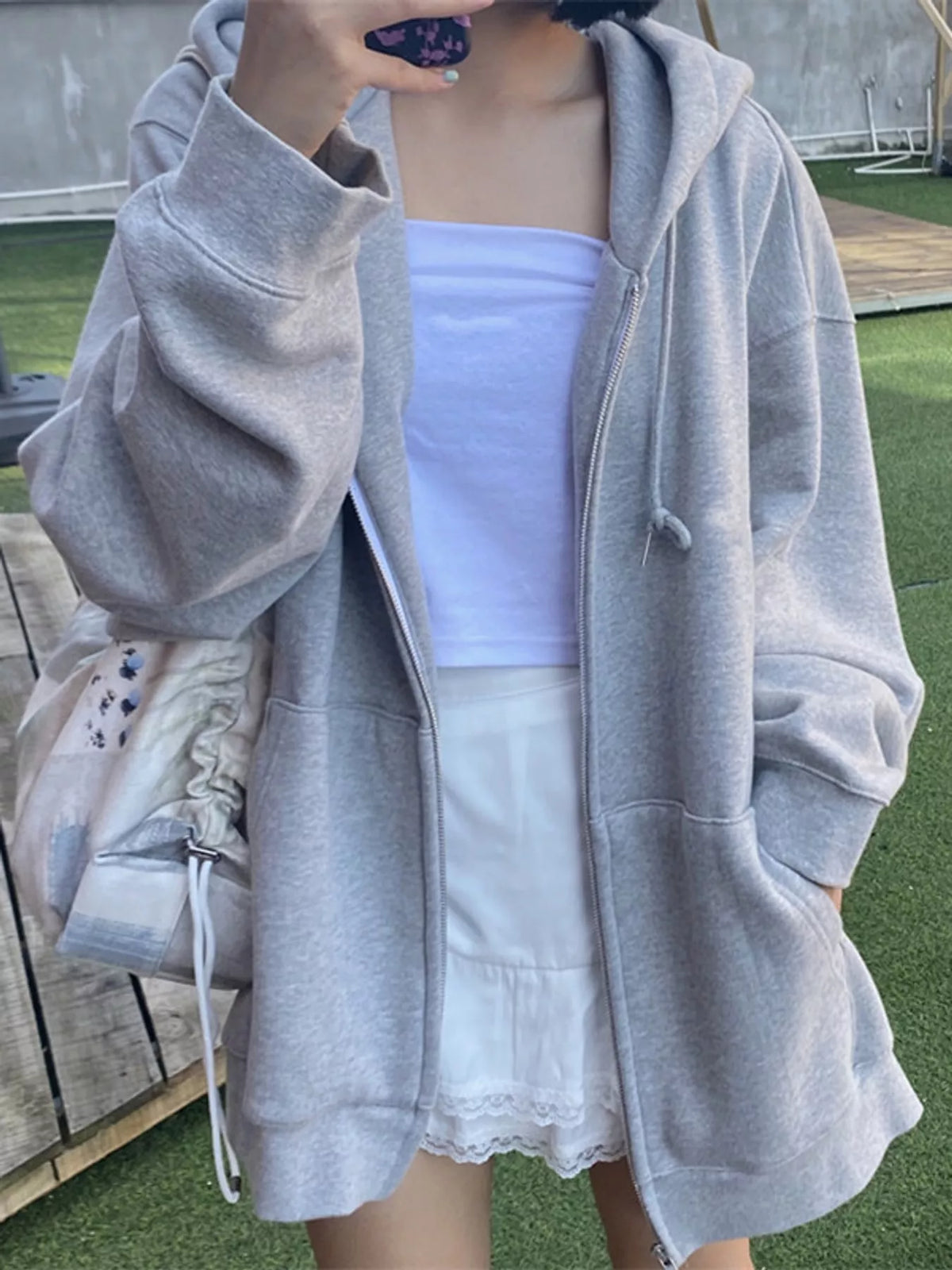 Zip-up hoodie, gray front
