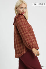 Trendsi Umgee Full Size Plaid Ruffle Collar Blouse Plus Size -