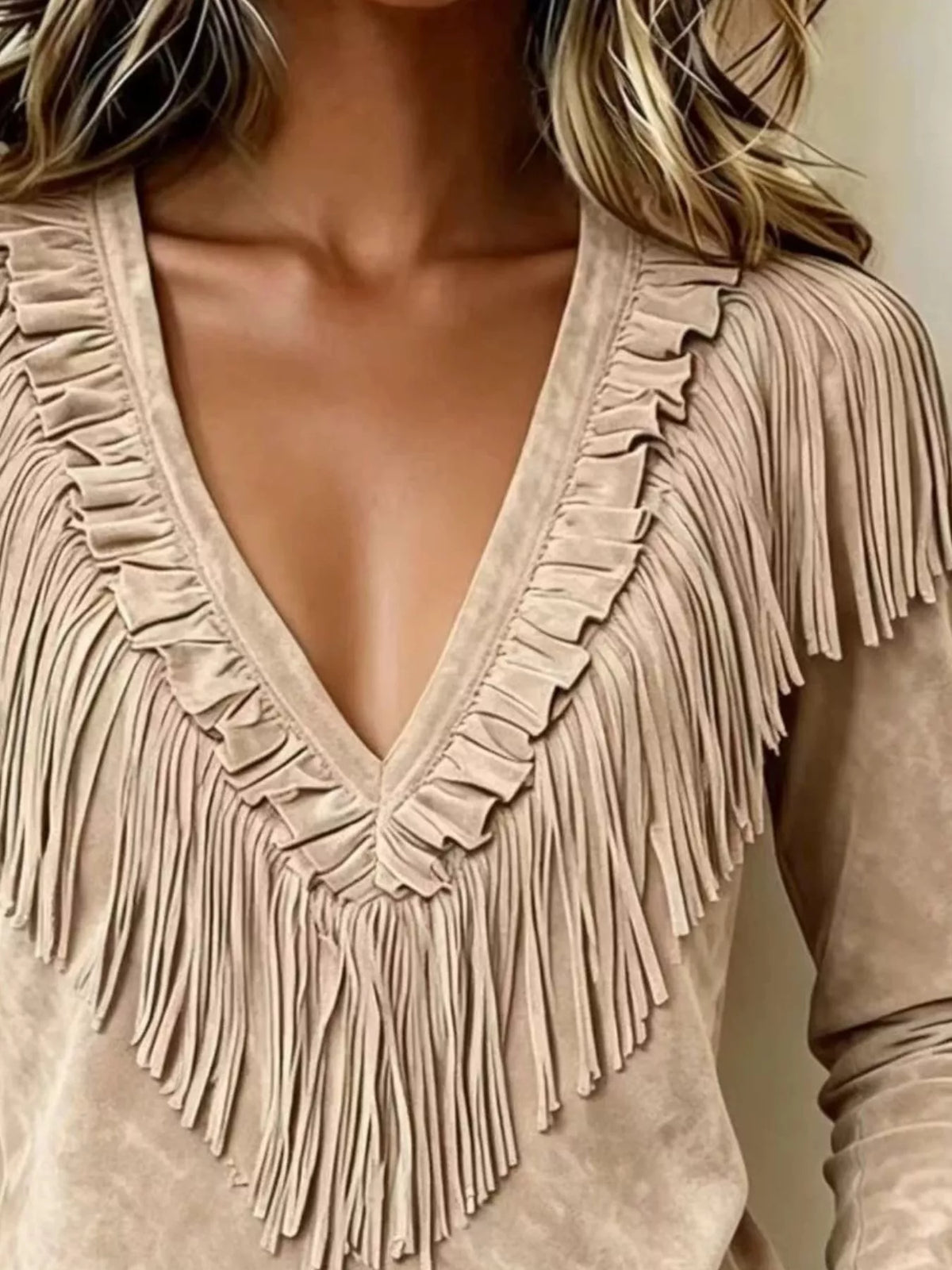 Fringed V-Neck Blouse in beige, neckline detail