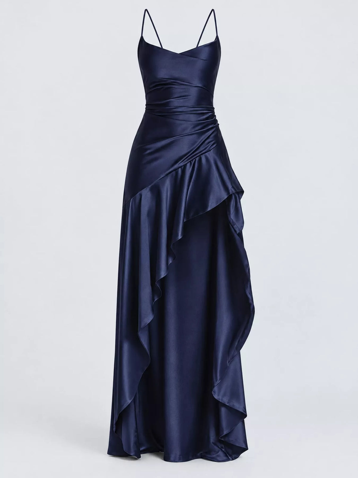 Navy high-low ruffle-hem evening dress, product view