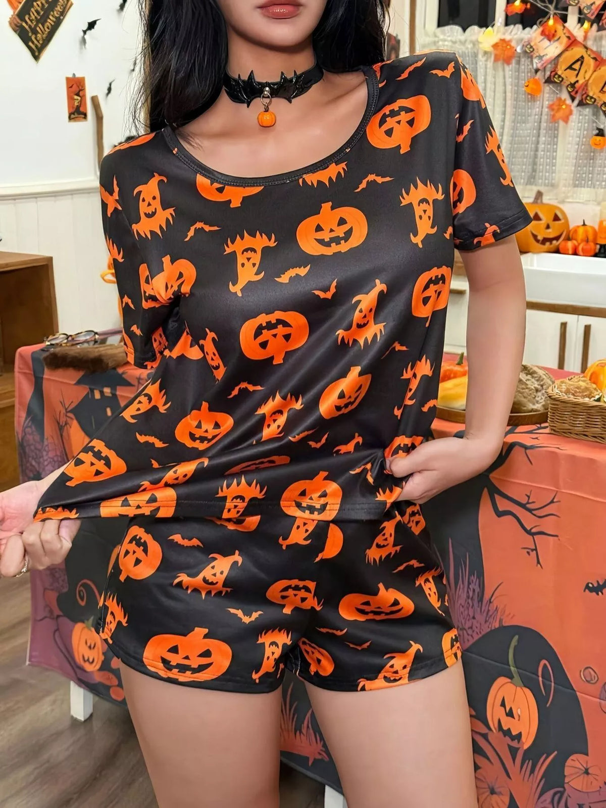 Black Halloween Print Short Sleeve Top and Shorts Lounge Set detail view