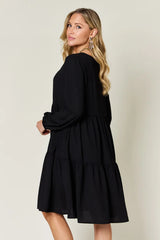 Trendsi Double Take Full Size V-Neck Balloon Sleeve Tiered Dress with Pockets -