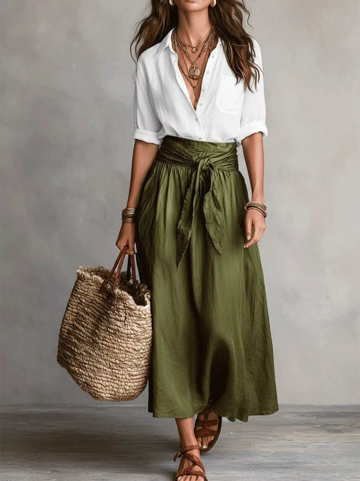 White and olive green button-front shirt and skirt set, full front view