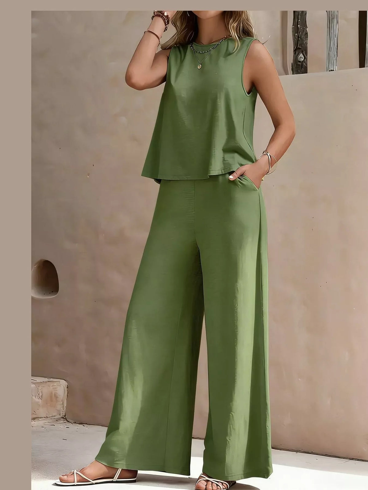 Sleeveless Tank Top and Wide-Leg Pants Set — front view
