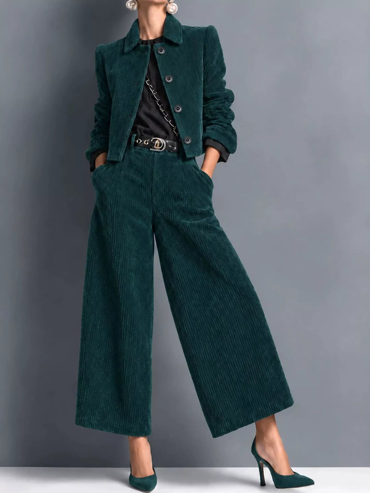 Corduroy Button Up Blazer and Pants Set in dark green