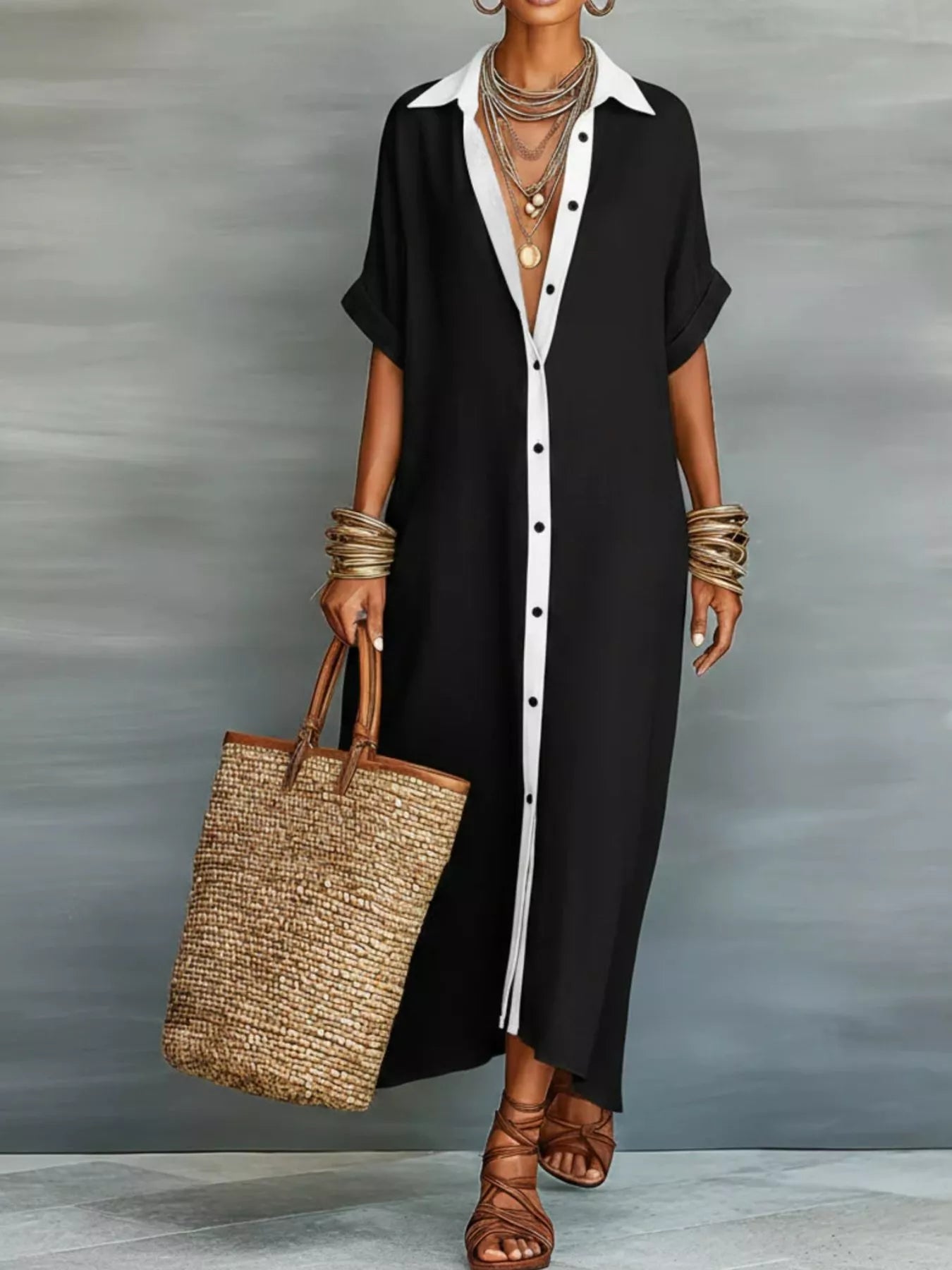 Trendsi Full Size Short Sleeve Maxi Shirt Dress with Contrast Placket Plus Size -