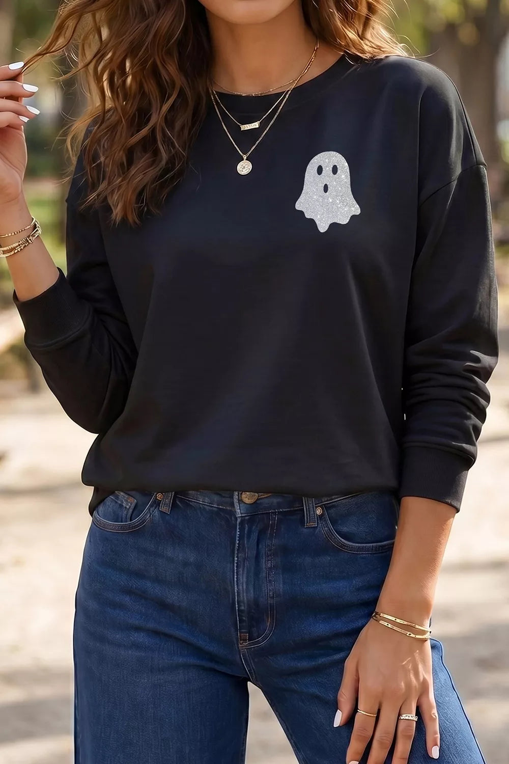 Trendsi Round Neck Ghost Print Regular Fit Graphic Long Sleeve T-Shirt -