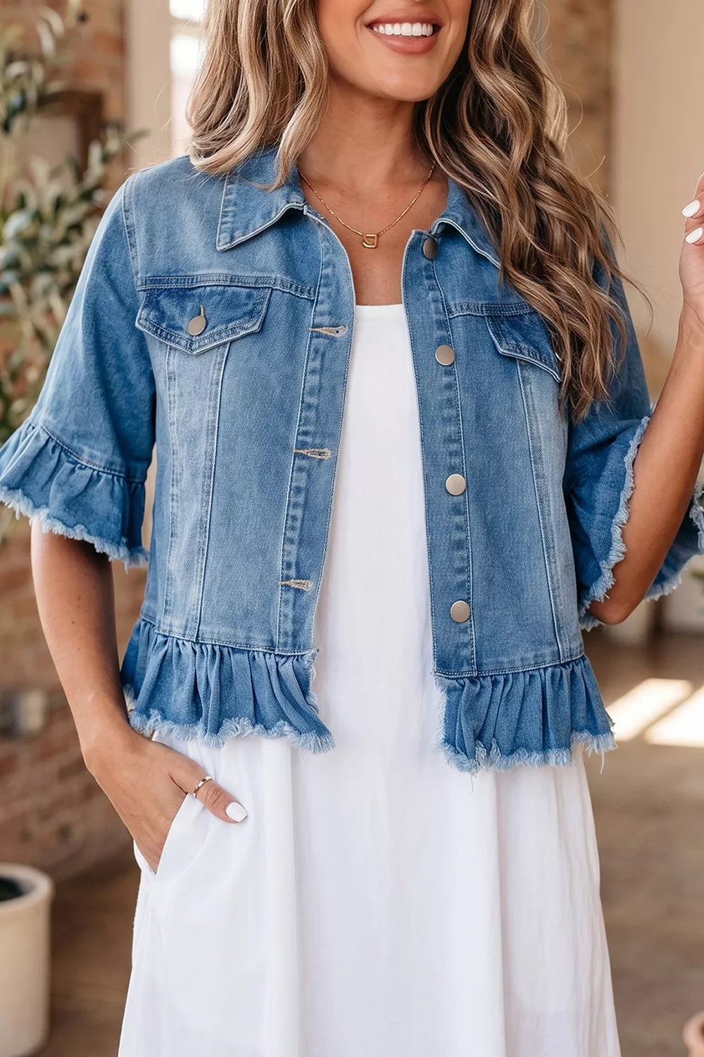 Trendsi Ruffle Hem Raw Edge Half Sleeve Western Denim Jacket -
