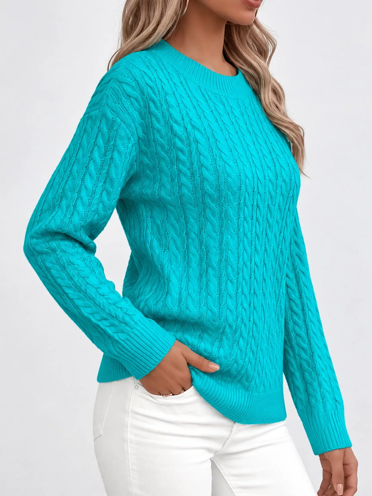 Lake Blue cable knit round neck sweater