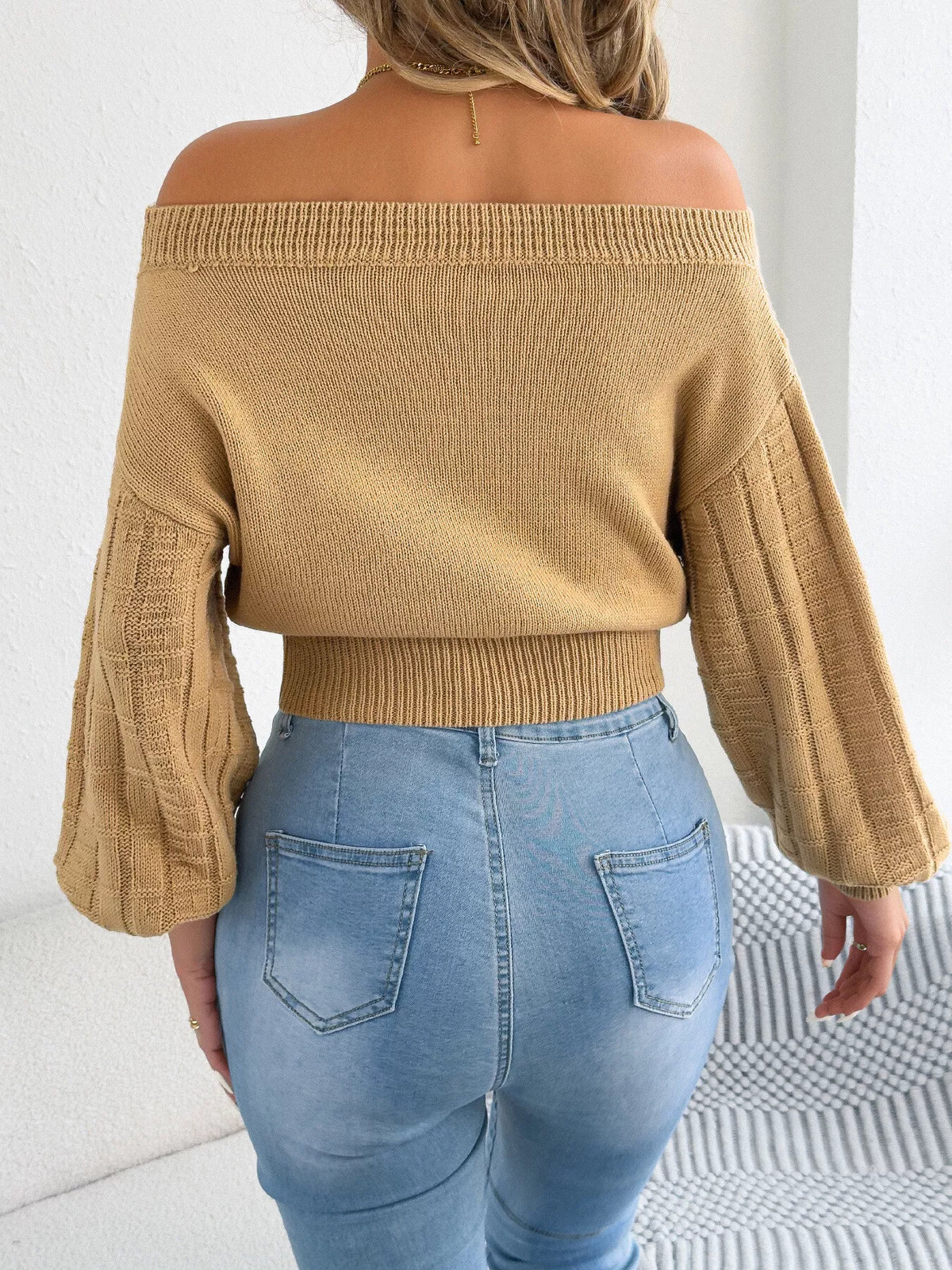 Khaki off-shoulder openwork cropped sweater, back view