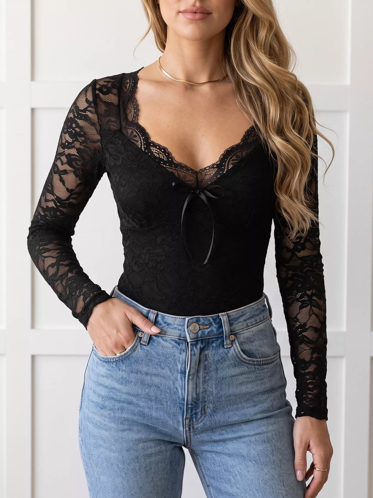 Trendsi Lace Long Sleeve Bodysuit with Bow Detail -