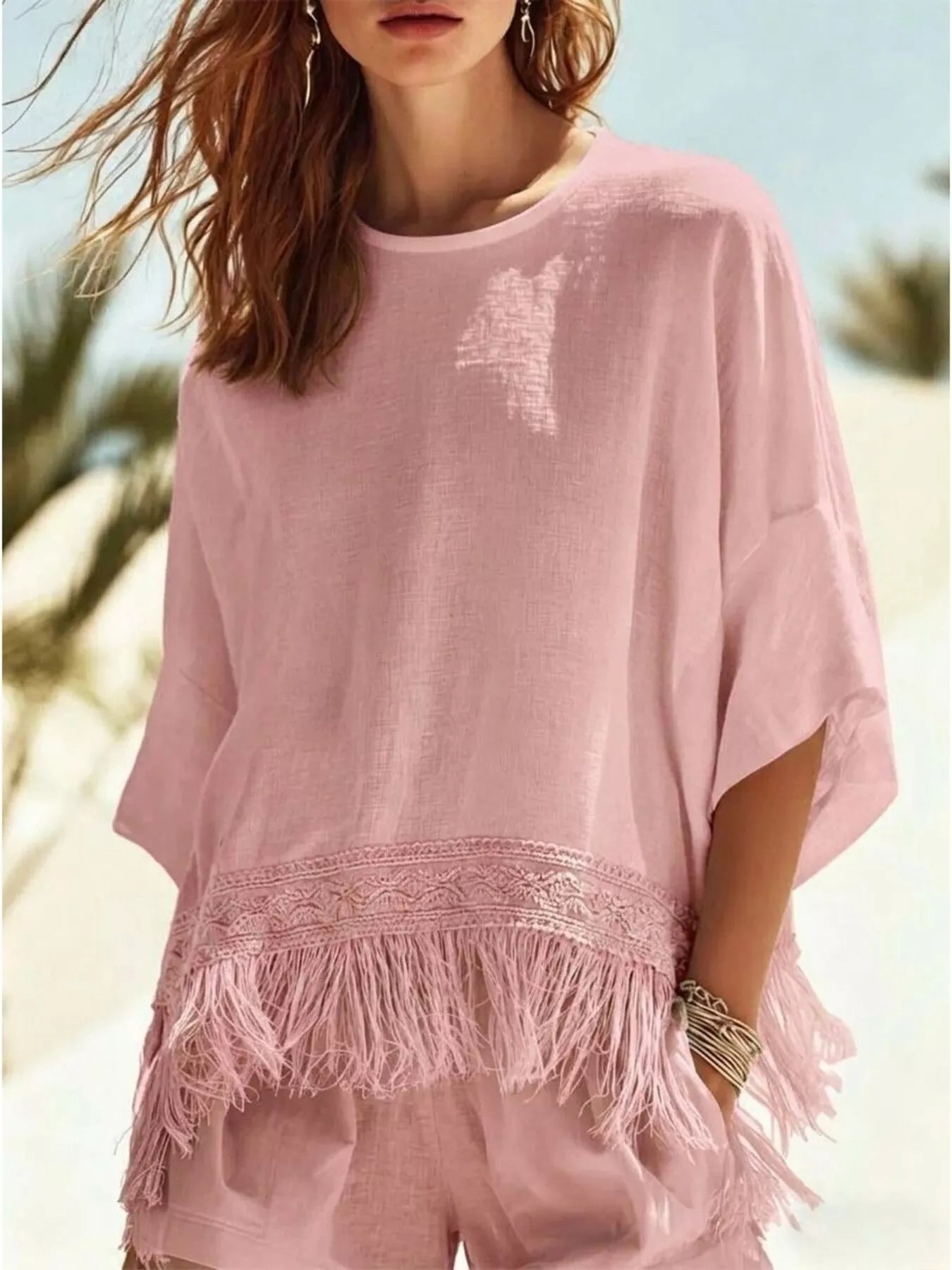 Trendsi Fringed 3/4 Sleeve Blouse -