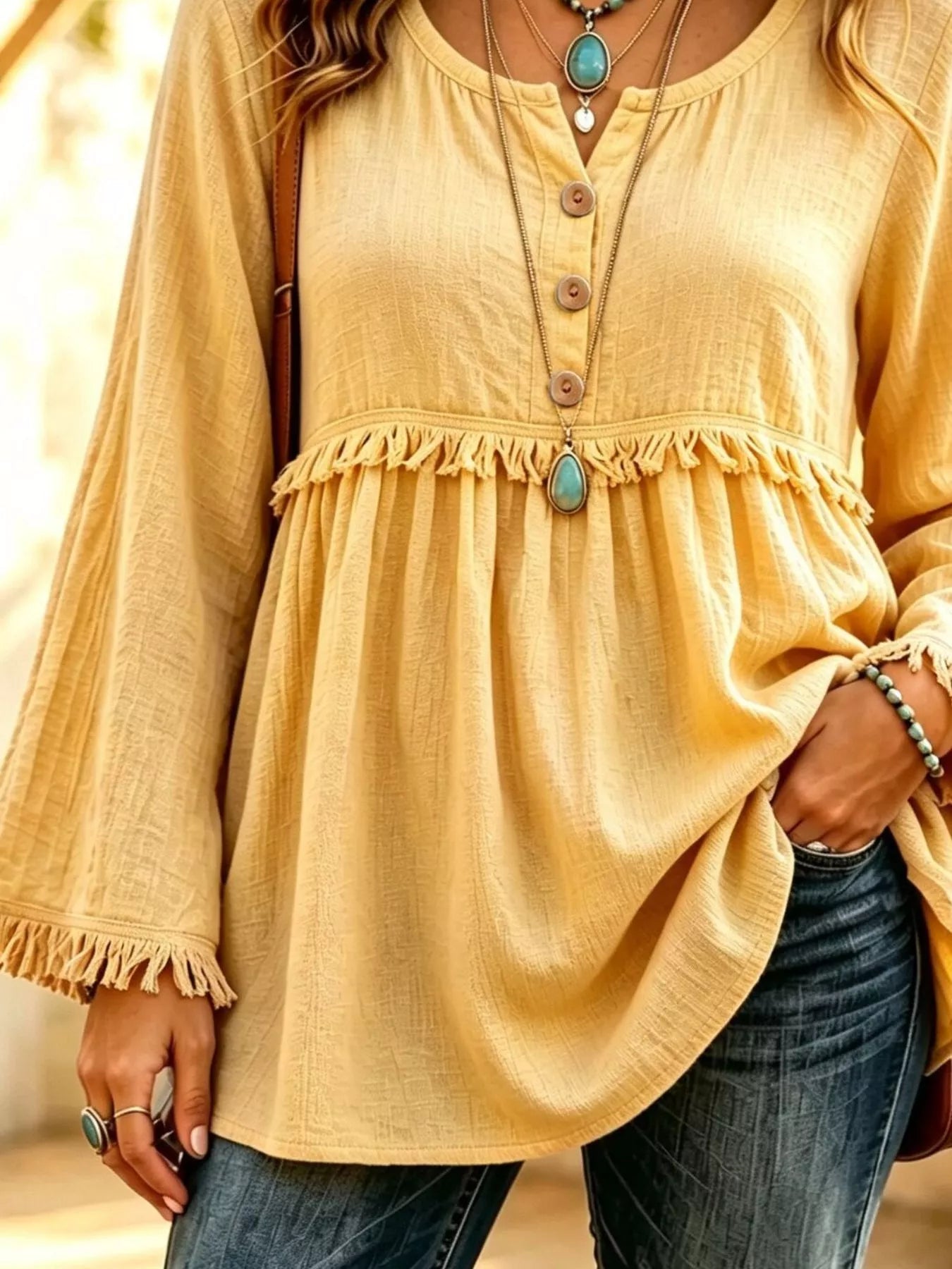 Trendsi Button-Down Detail Fringed Hem Blouse -