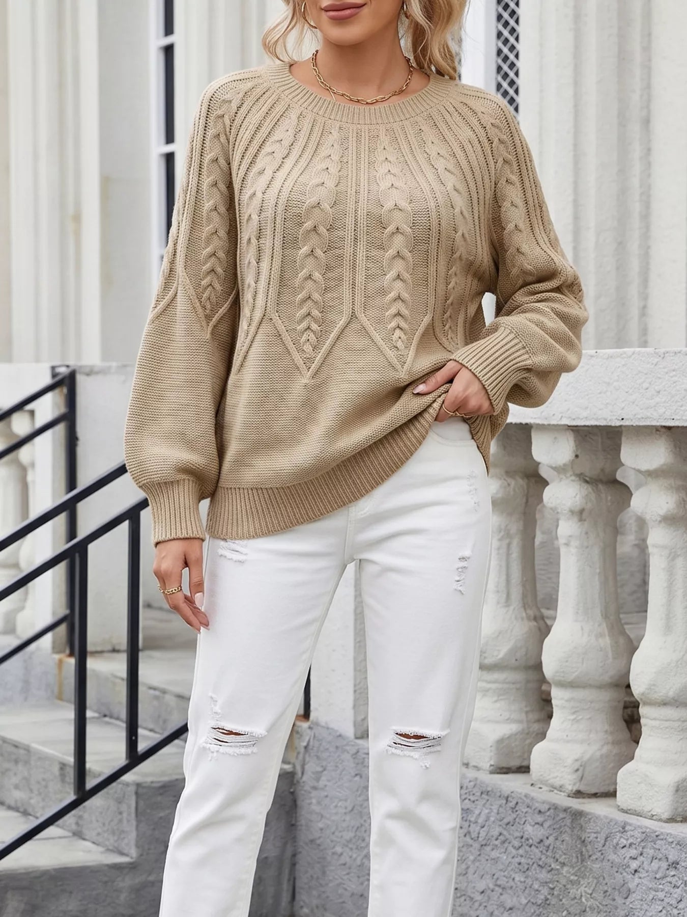 Trendsi Cable-Knit Round Neck Sweater -
