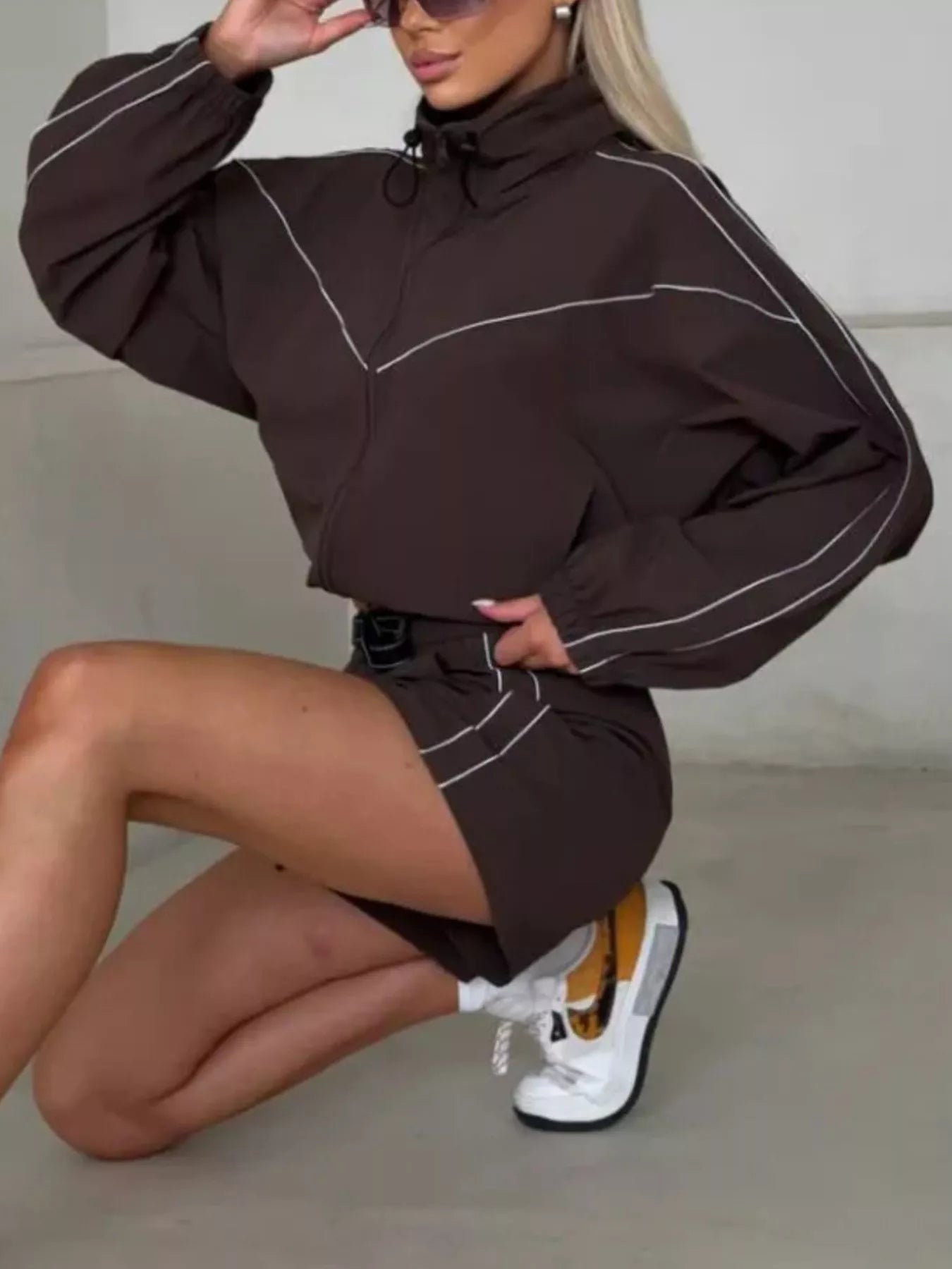 Trendsi Drawstring Zip-Up Jacket and Shorts Set -