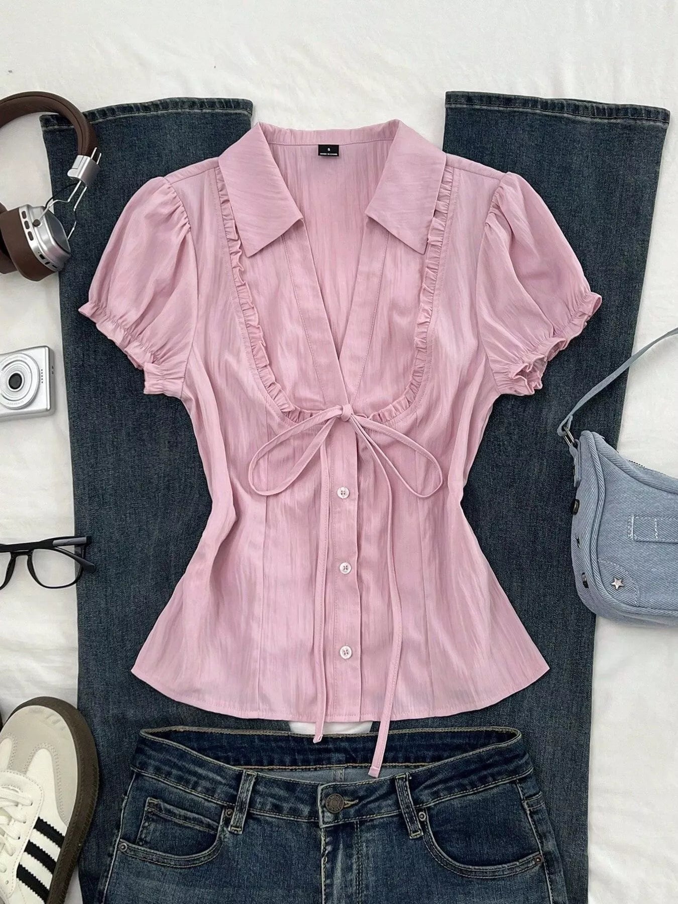 Trendsi Frill Button Up Short Sleeve Shirt -