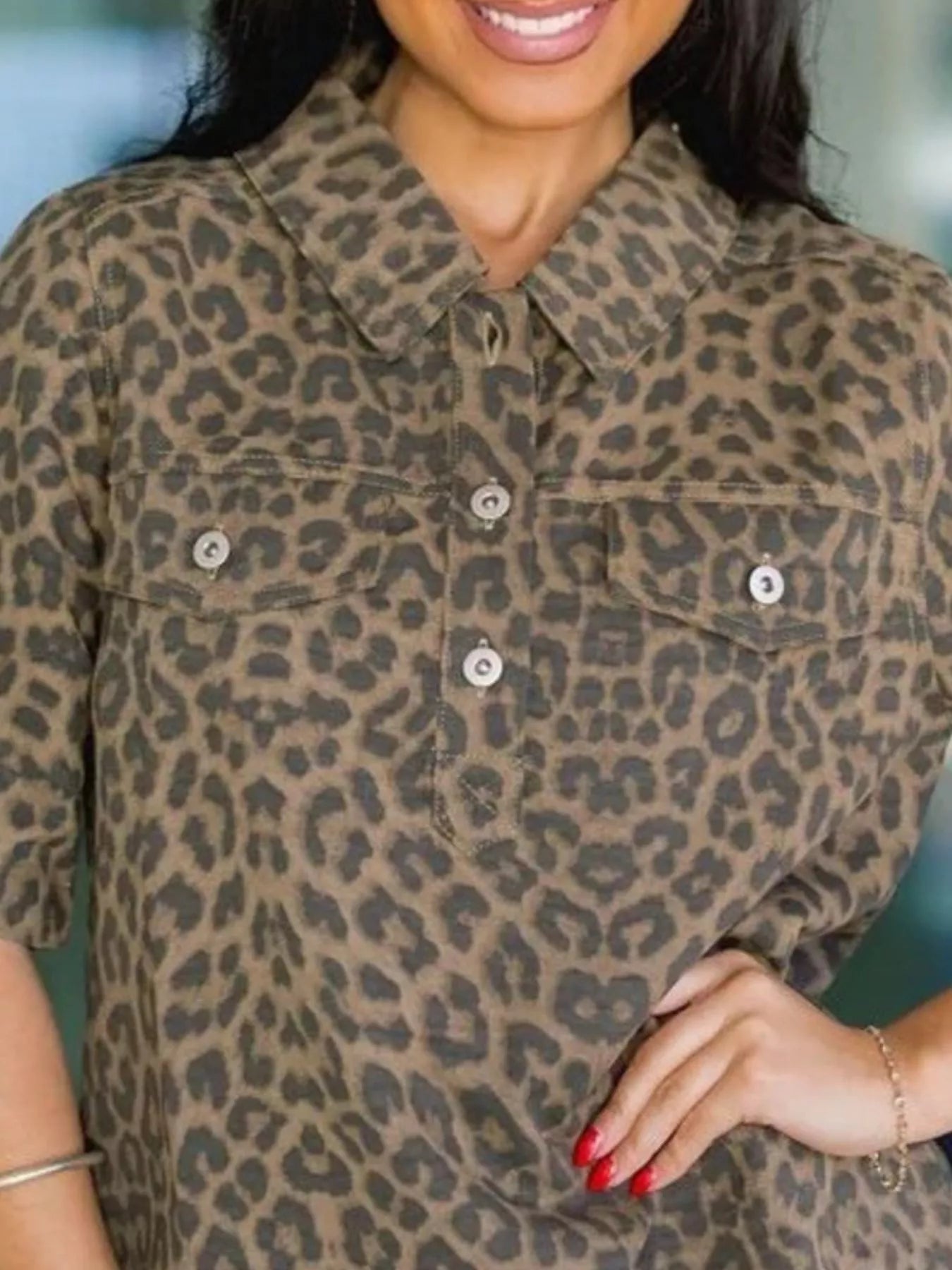 Trendsi Leopard Print Short Sleeve Denim Dress -