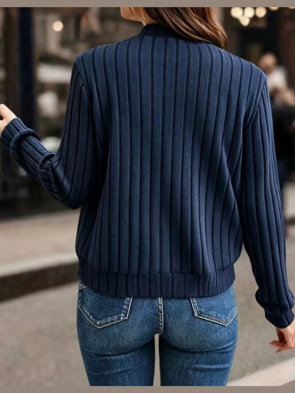 Ribbed Knit Zip-Up Bomber Jacket — back view