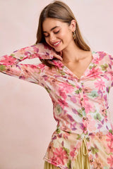 Trendsi BiBi Floral Shrried Detail Button Up Mesh Cardigan Top -