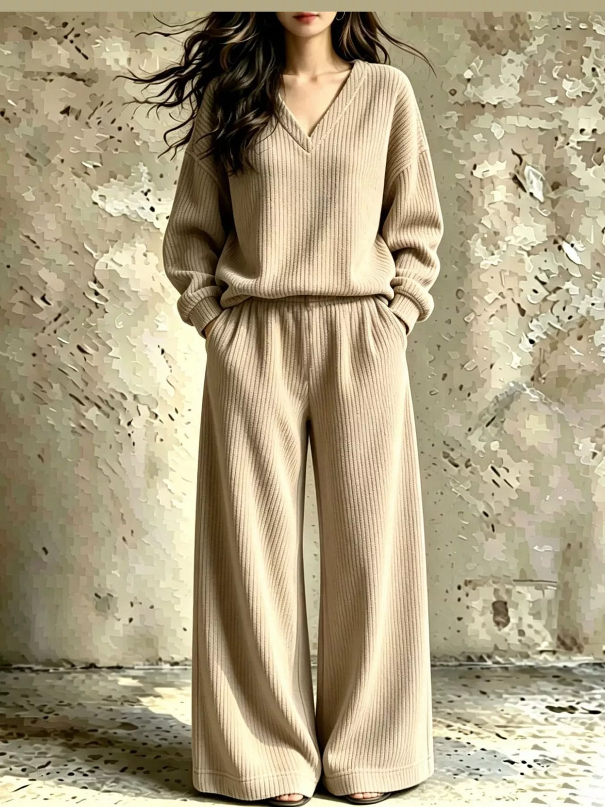 Beige corduroy v-neck top and pants set — front view
