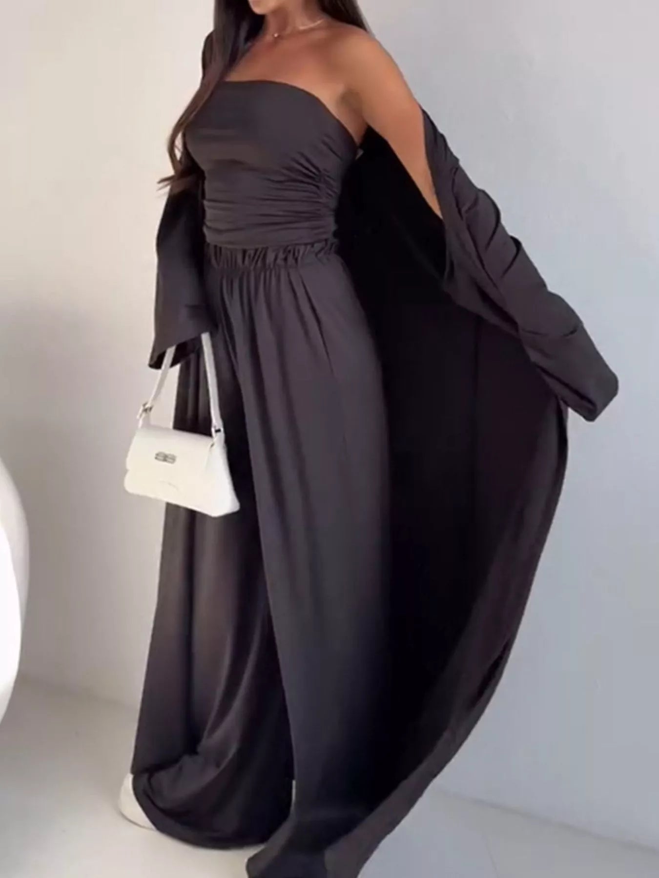 Trendsi Chic Strapless Ruched Crop Top and Wide-Leg Pants with Cardigan 3-Piece Set -