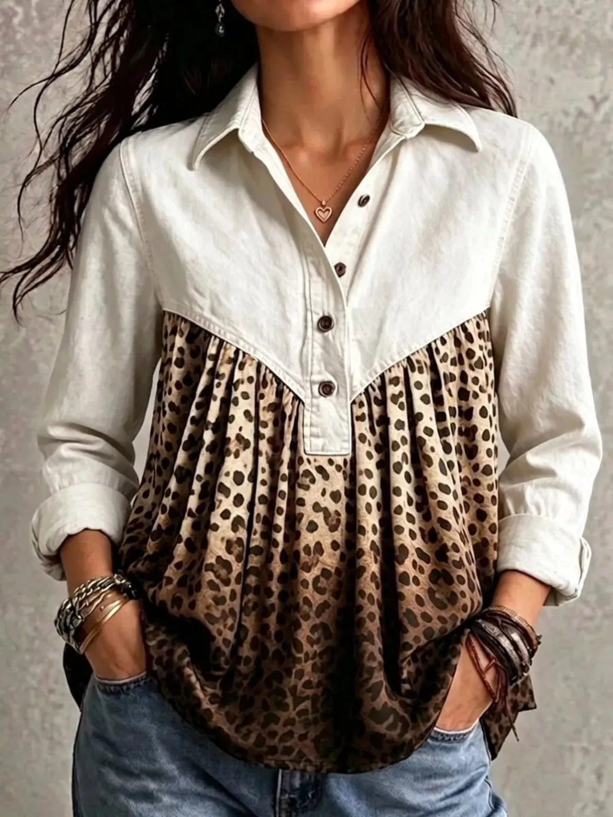 White leopard-panel button-front blouse, front view