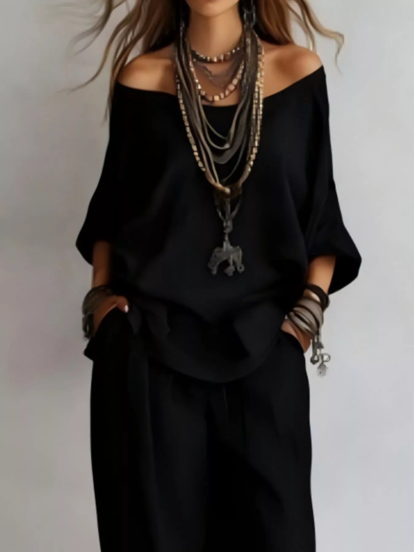 Trendsi Off-Shoulder Loose Fit Top and Pants Two-Piece Set -
