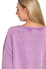 Trendsi Zenana Acid Washed Batwing Sleeve Fleece Sweatshirt -