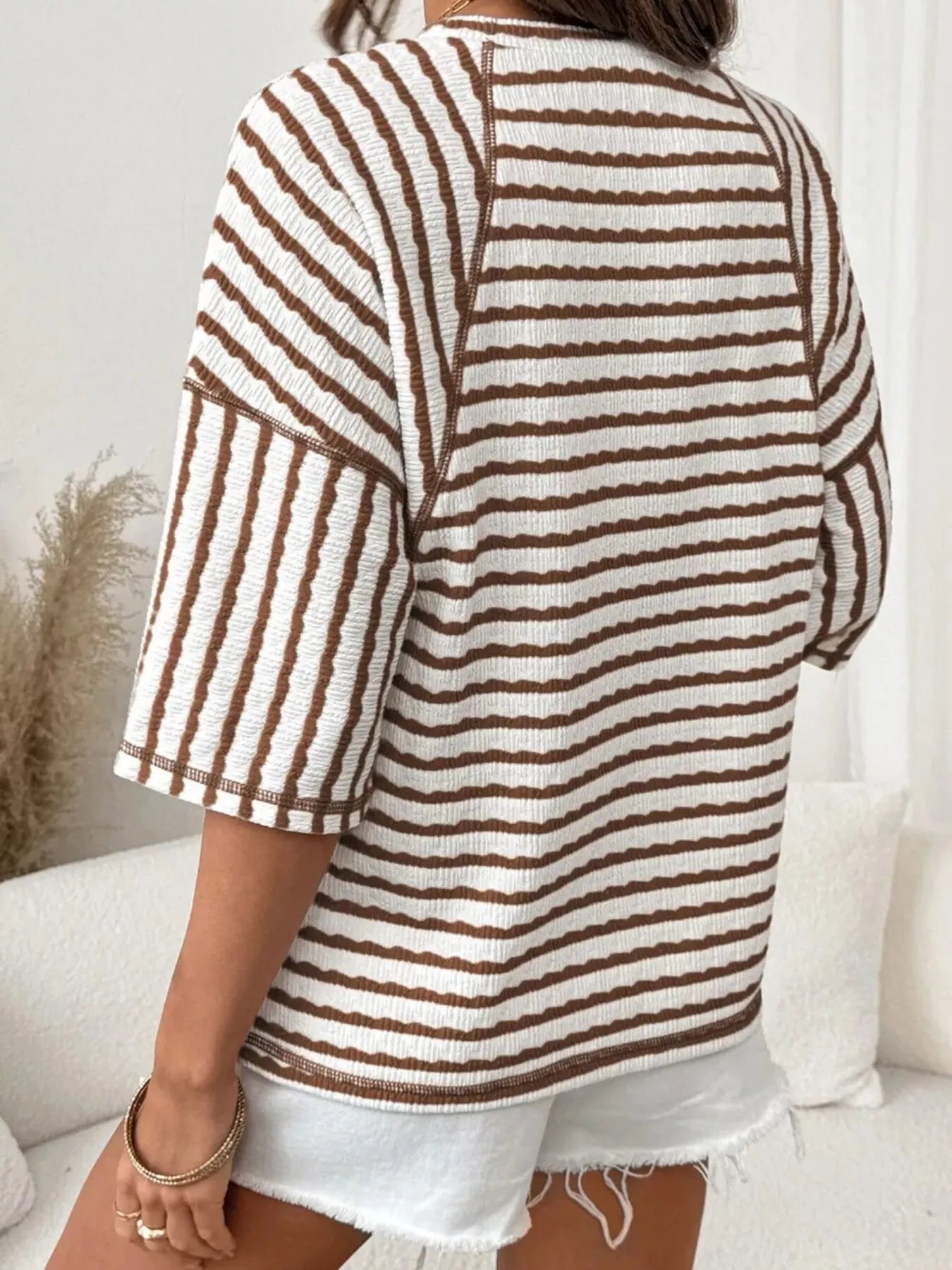 Trendsi Casual Striped Raglan Sleeve Textured T-Shirt -