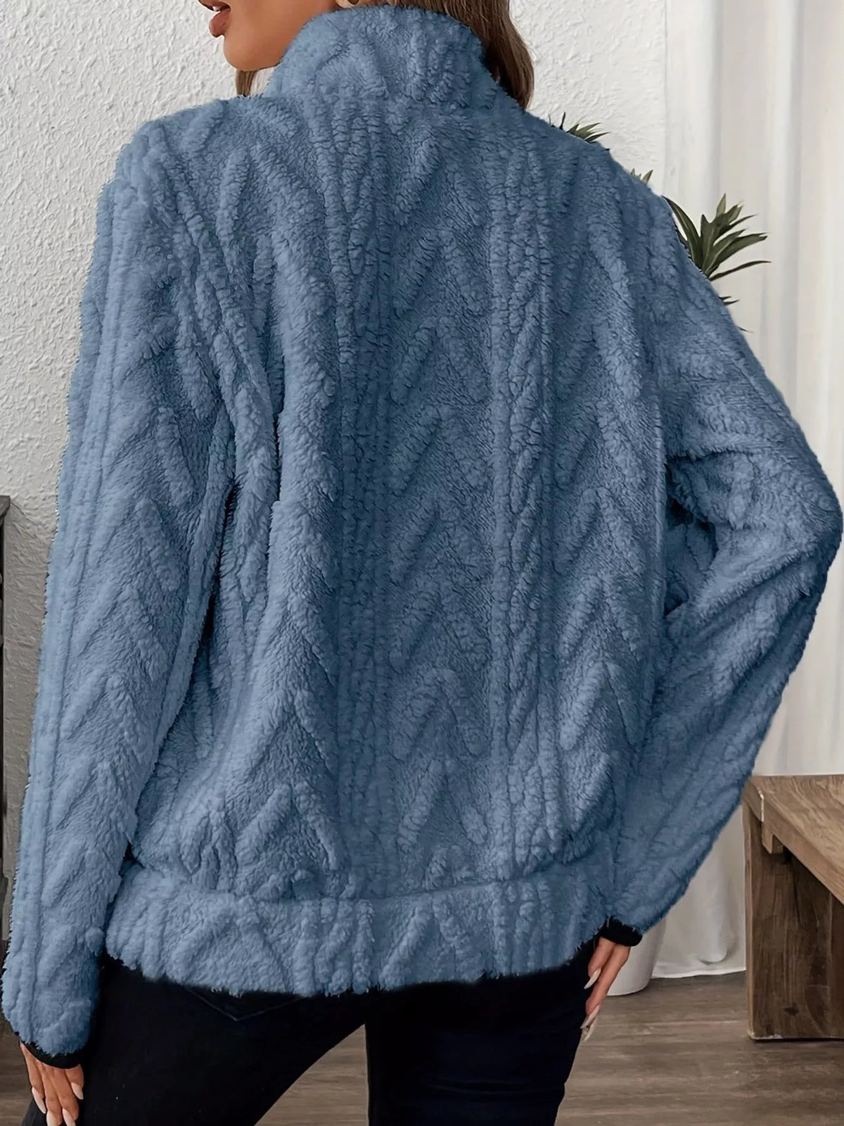 Women's Quarter-Zip Sherpa Sweatshirt in blue — back view