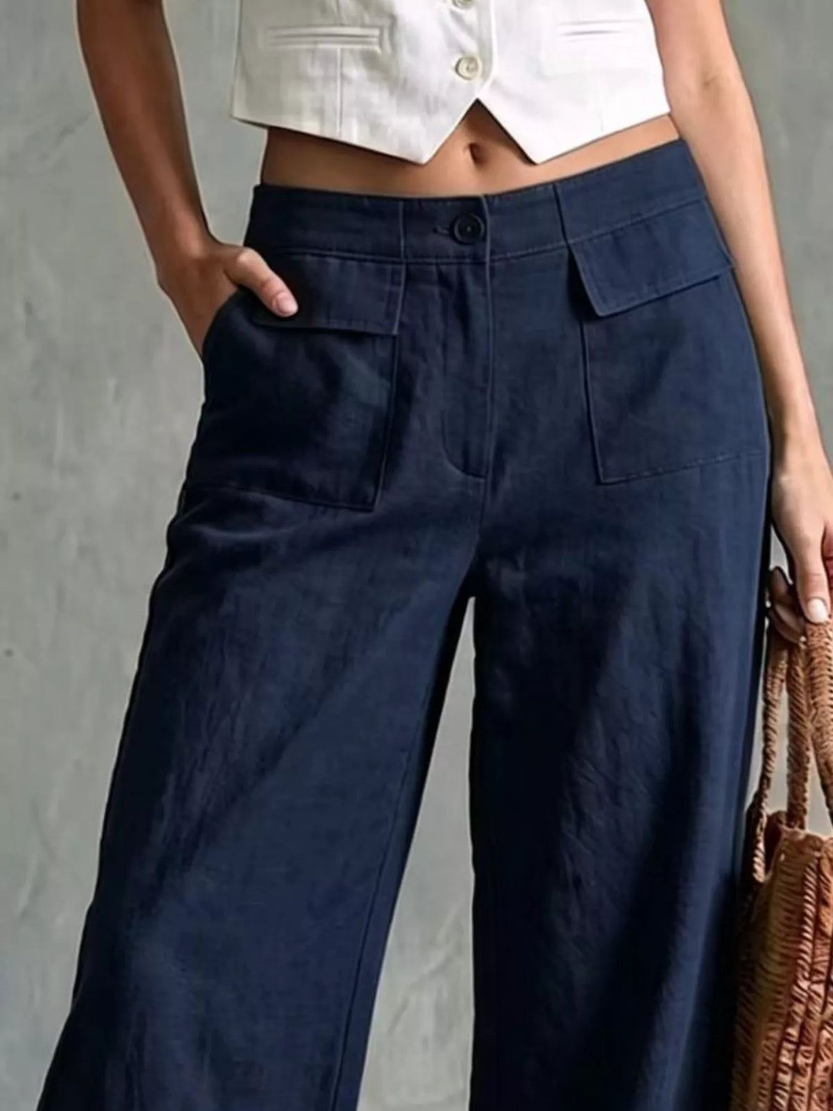 High-Waisted Wide-Leg Utility Pants, pocket detail