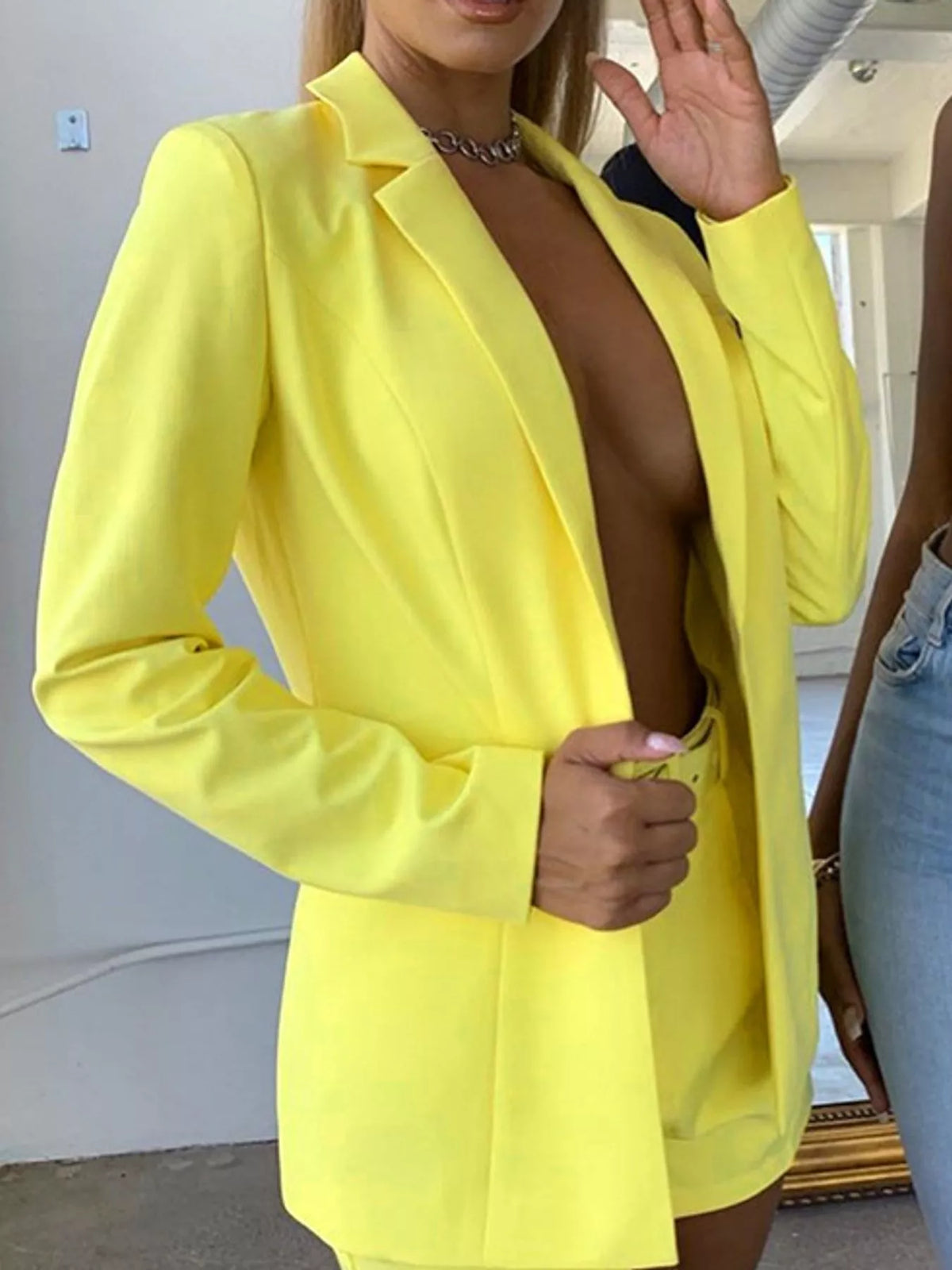 Collared long sleeve outfit set, front view on model