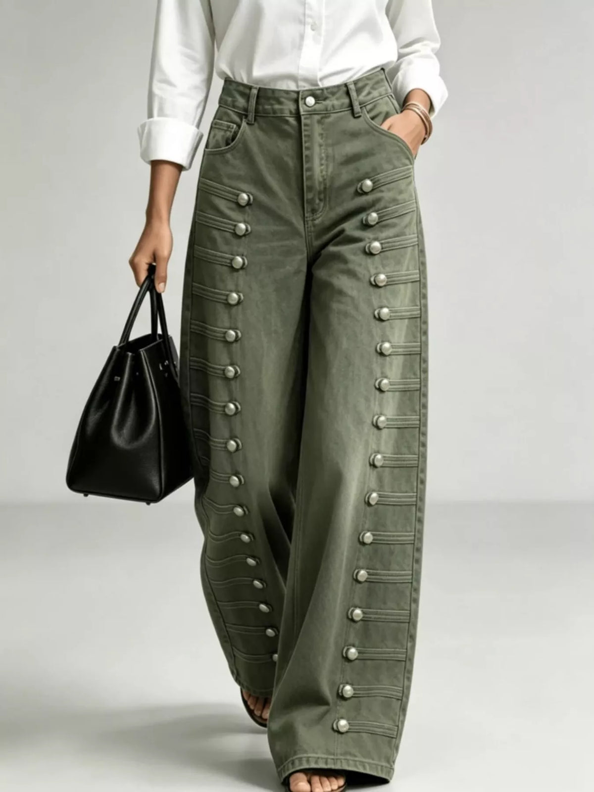 Decorative Button Wide-Leg Jeans in green, front view