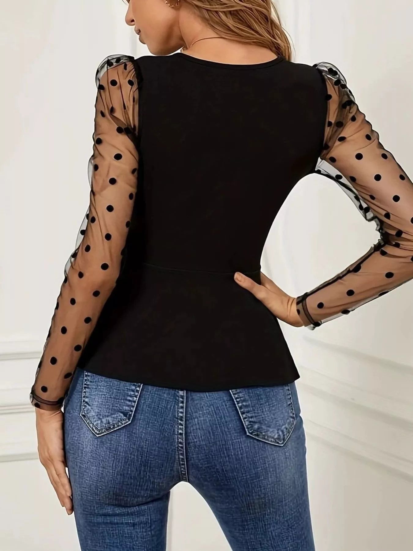 Trendsi Polka Dot Mesh Sleeve Wrap Top -