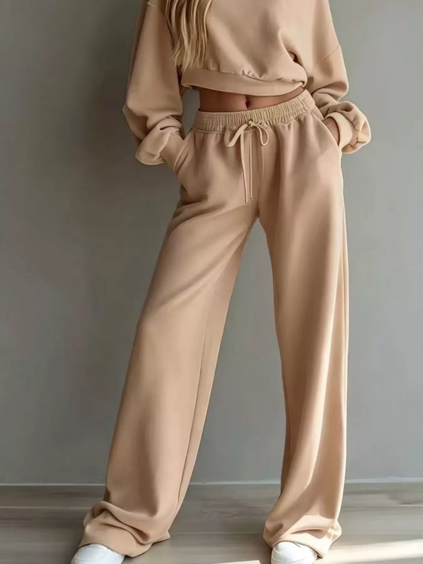 Trendsi Round Neck Cropped Sweatshirt and Wide-Leg Pants Set -