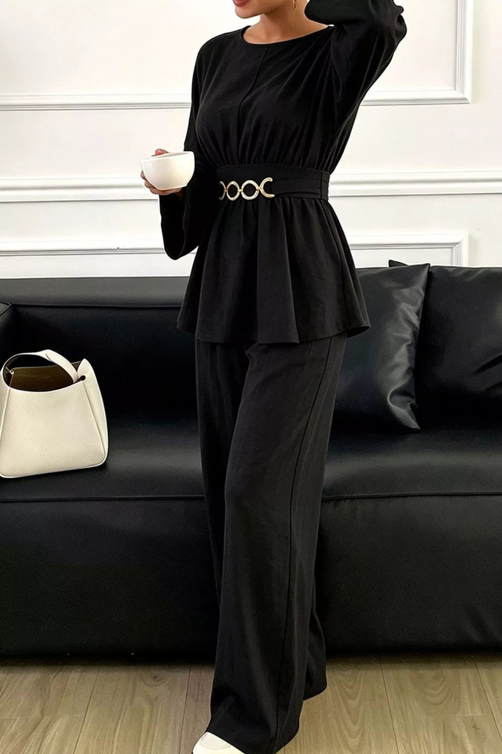 Chain-waist top and pants set