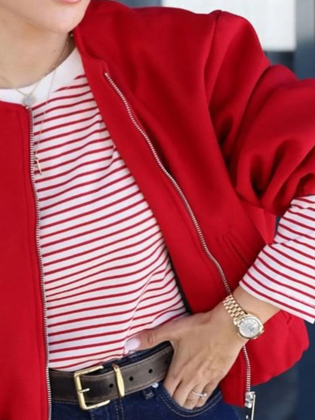 Cropped Round-Neck Zip-Up Jacket — garment construction details